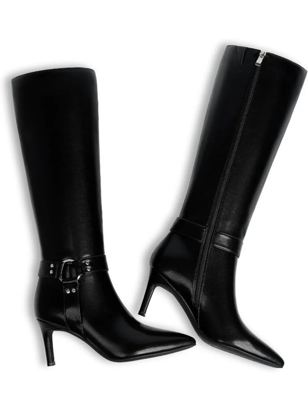 Women's Black Buckle Pointed Toe Faux Leather Stiletto Heel Over The Knee Boots